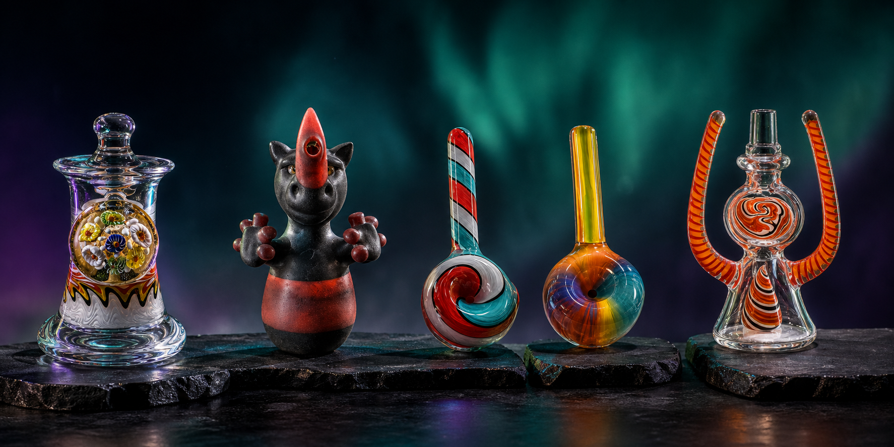 A museum-like display of hand-blown Aurora Glassworks pieces beneath northern light