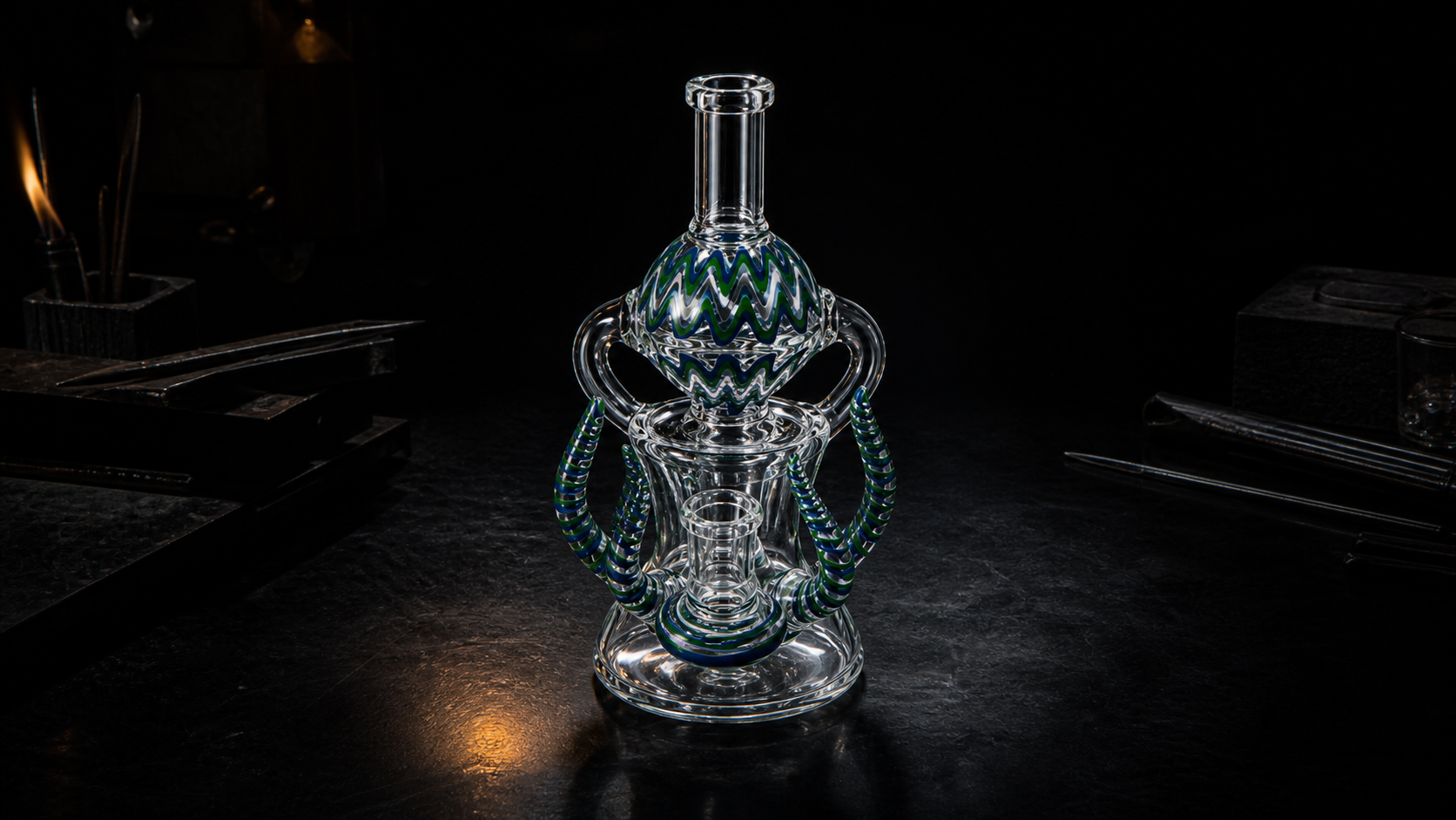A macro study of Aurora's hand-worked borosilicate joints and coils