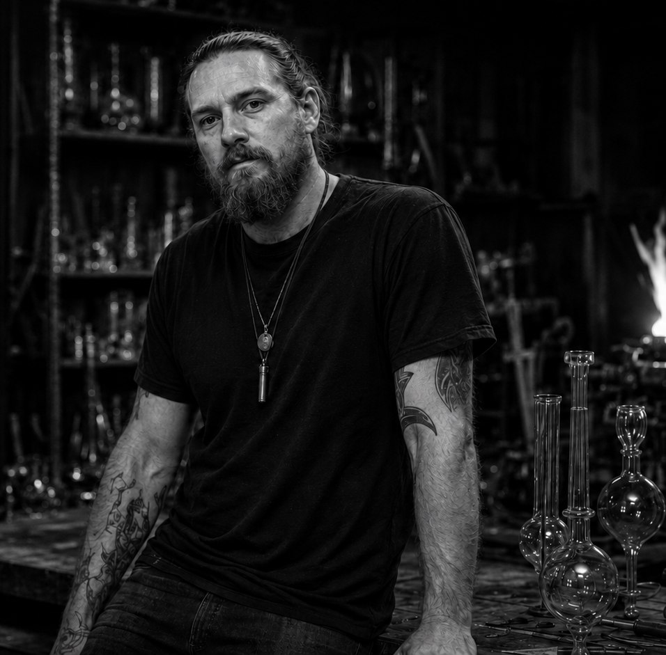 Wyatt Bouchard seated at his bench in the Aurora Glassworks studio, surrounded by hand-blown glass