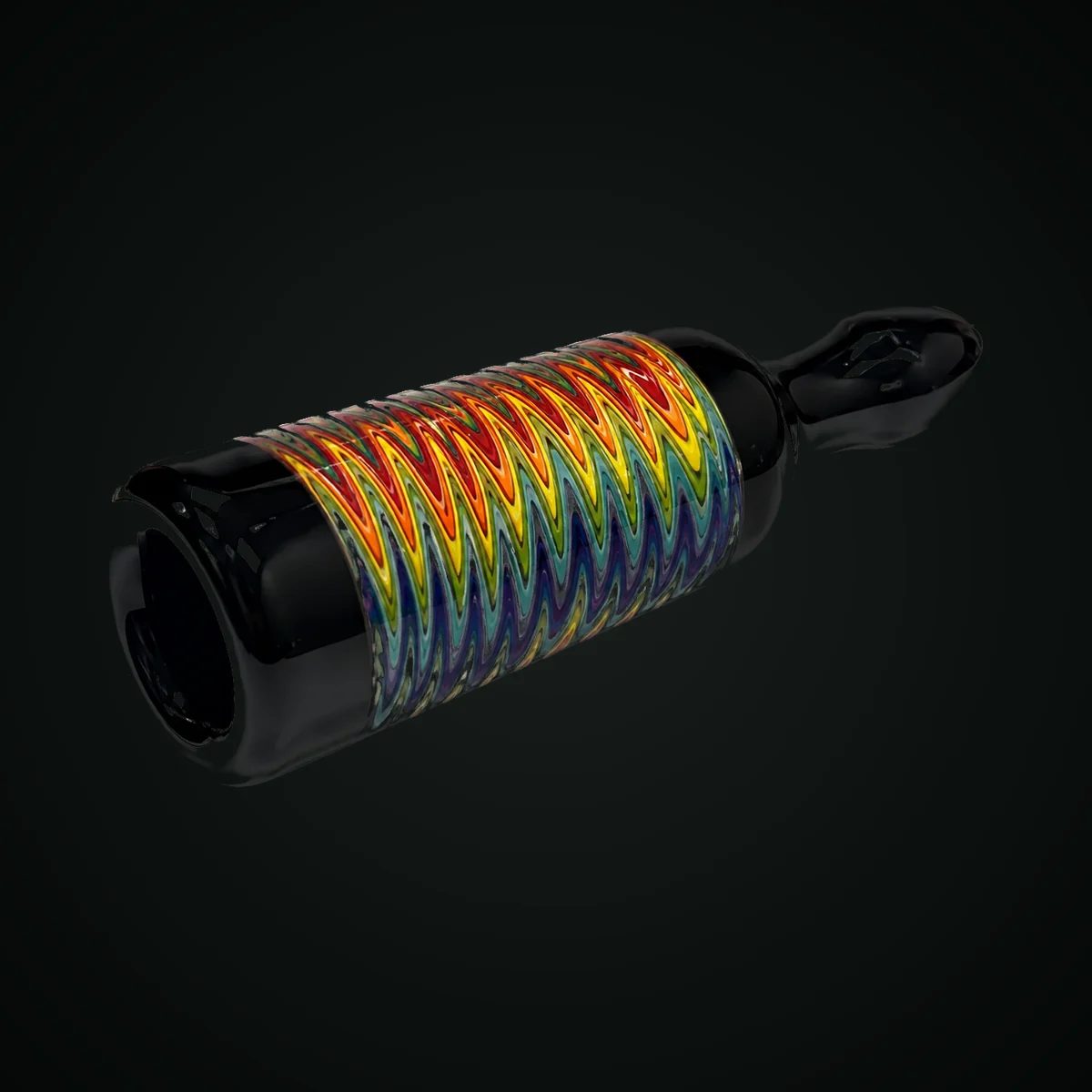 Double Twist, a black hand-blown glass chillum with a spiralling rainbow cane inlay