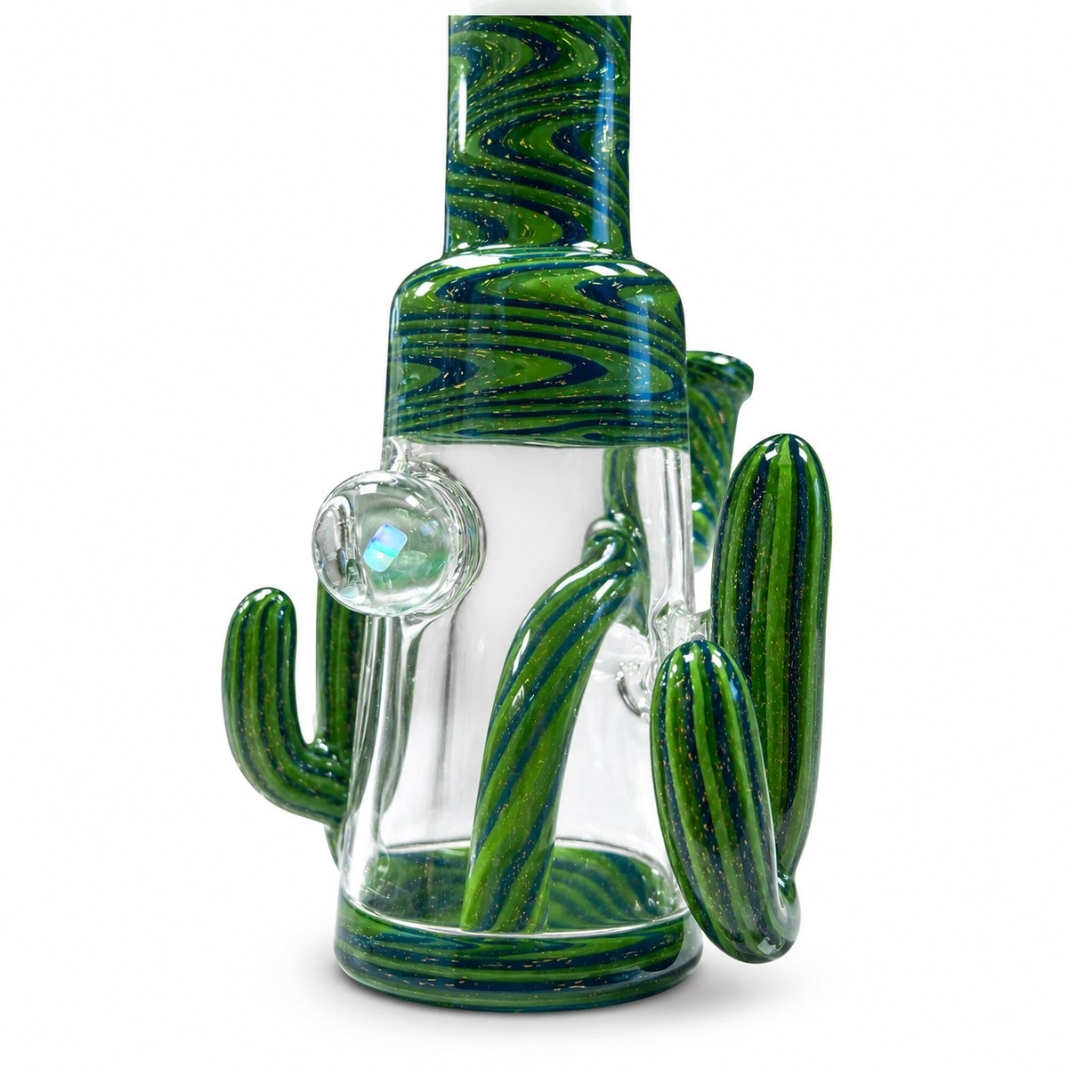 Golden Oasis, a hand-blown glass rig in green and blue wig-wag cane with a sculpted cactus against the clear chamber