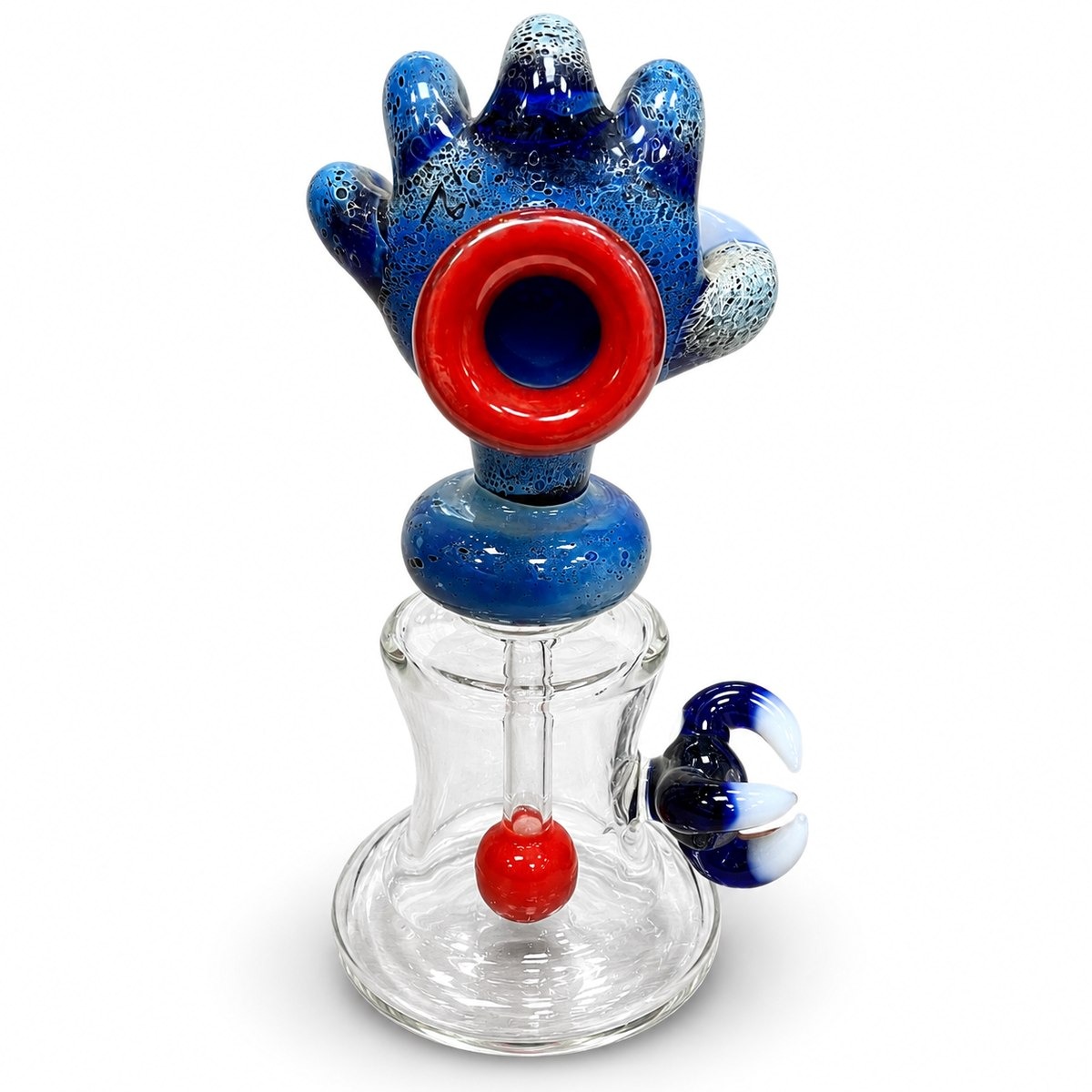 Ice Claw, a hand-blown glass rig topped with a frost-speckled blue claw, white talons and a red mouthpiece