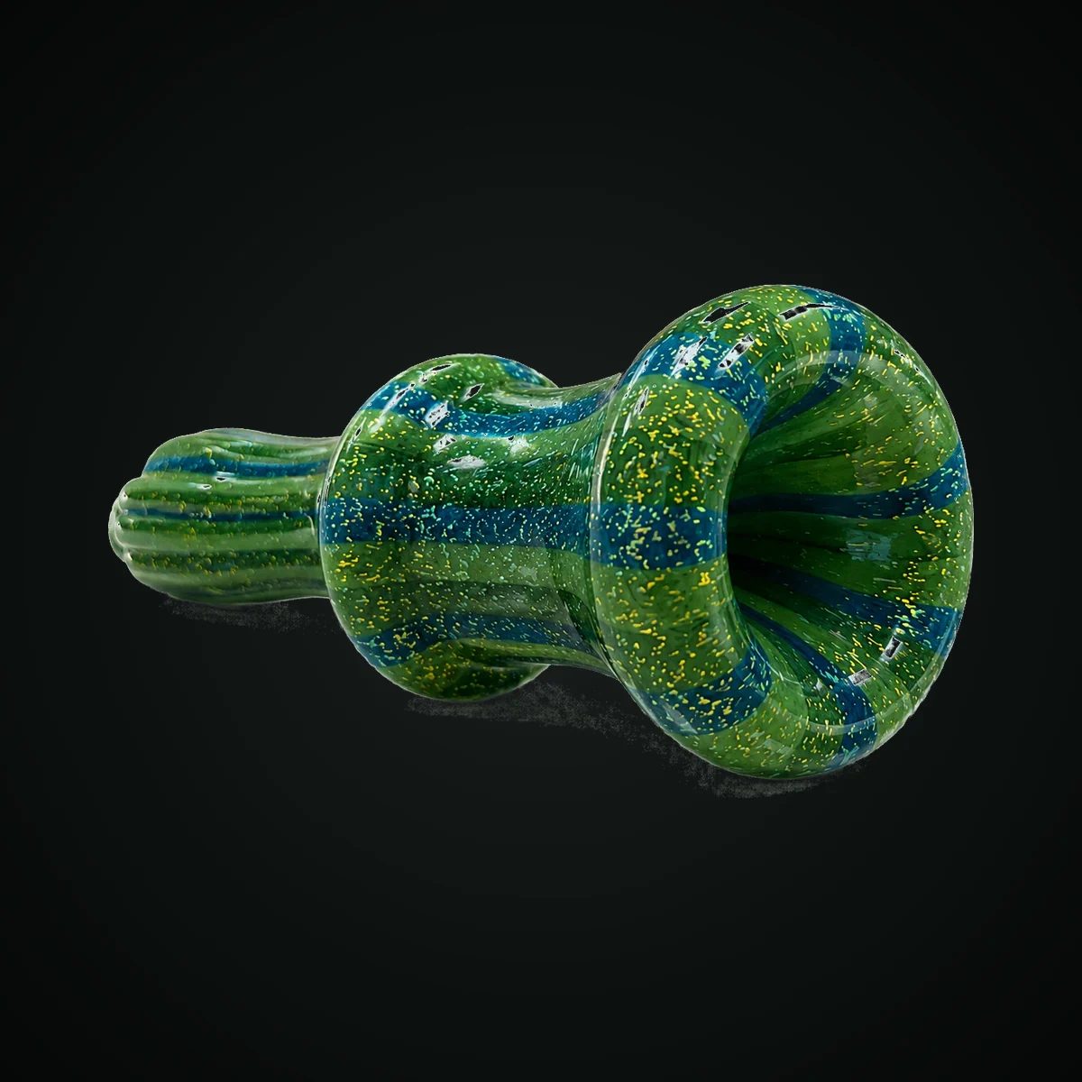 Oasis Cactus, a hand-blown green and blue glass hand pipe with dichroic flecks
