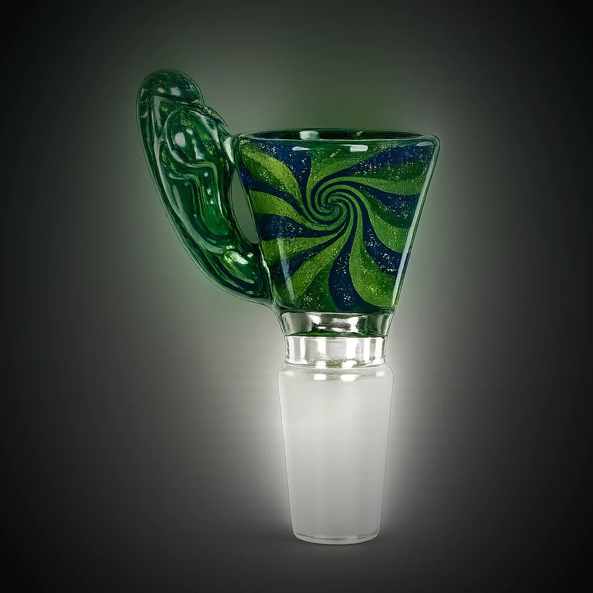 Oasis Vortex, a hand-blown green and blue glass bowl slide with a 14 mm ground joint