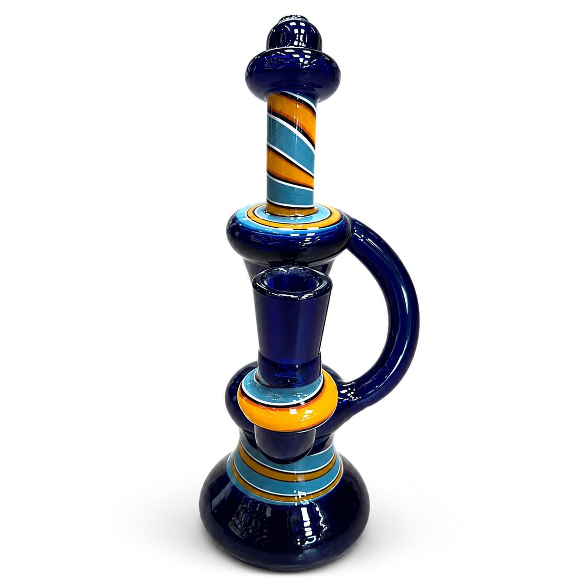 Orbital Recycler, a hand-blown deep cobalt recycler water pipe with a sky-blue and amber twisted neck