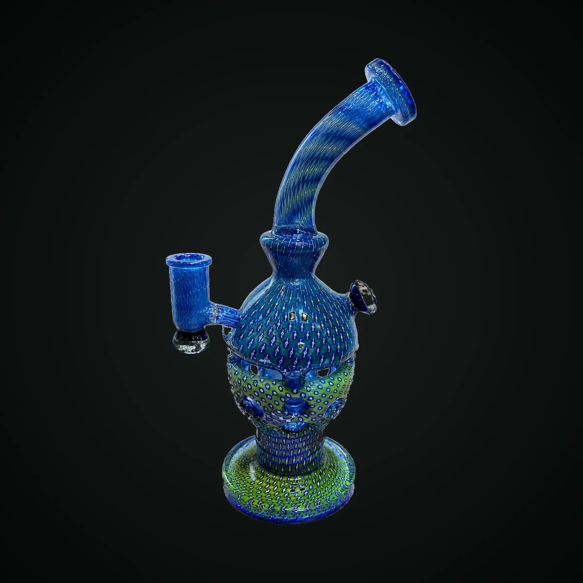 Peacock Feather, a hand-blown blue and green Swiss-perc glass water pipe