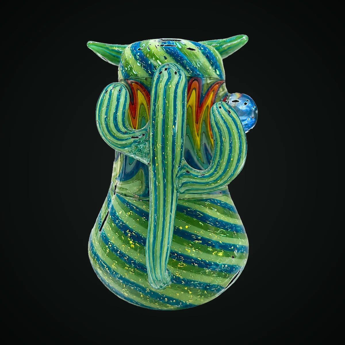 Wasteland Chariot, a hand-blown green and blue striped glass water pipe with horns
