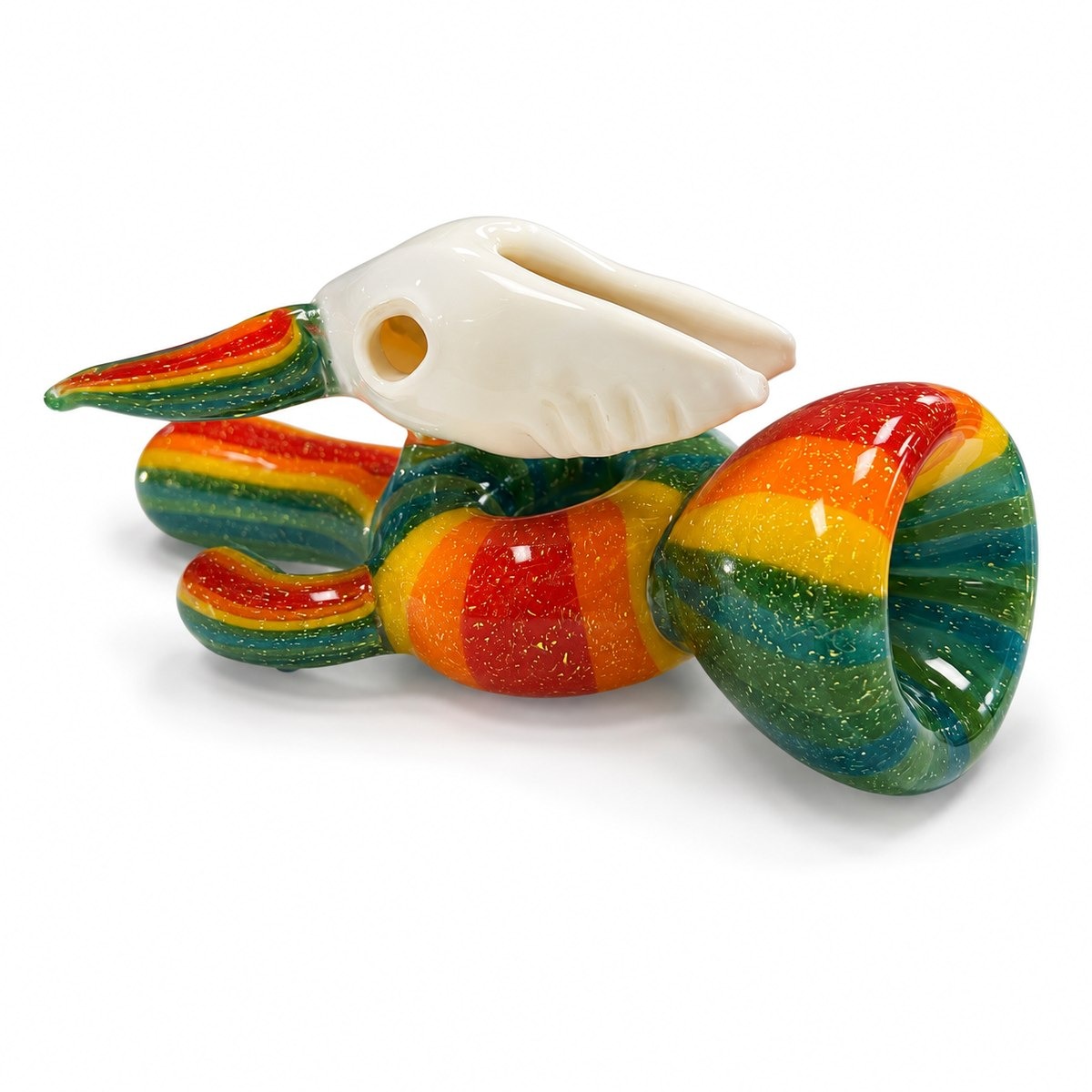 Wasteland Horn, a hand-blown rainbow-striped glass hand pipe with sculpted horns and a bone-white steer skull